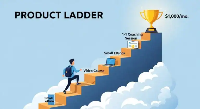 Product ladder: Ebook, course, coaching leading to $1000/mo. Success roadmap.